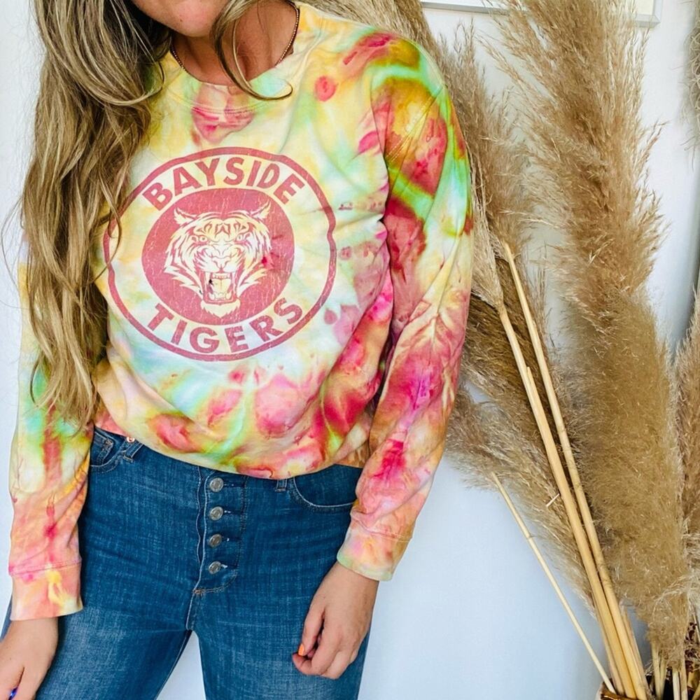 VINTAGE Yellow Pink Green Rainbow Tie Dye Crew Neck Pullover Sweater Sweatshirt